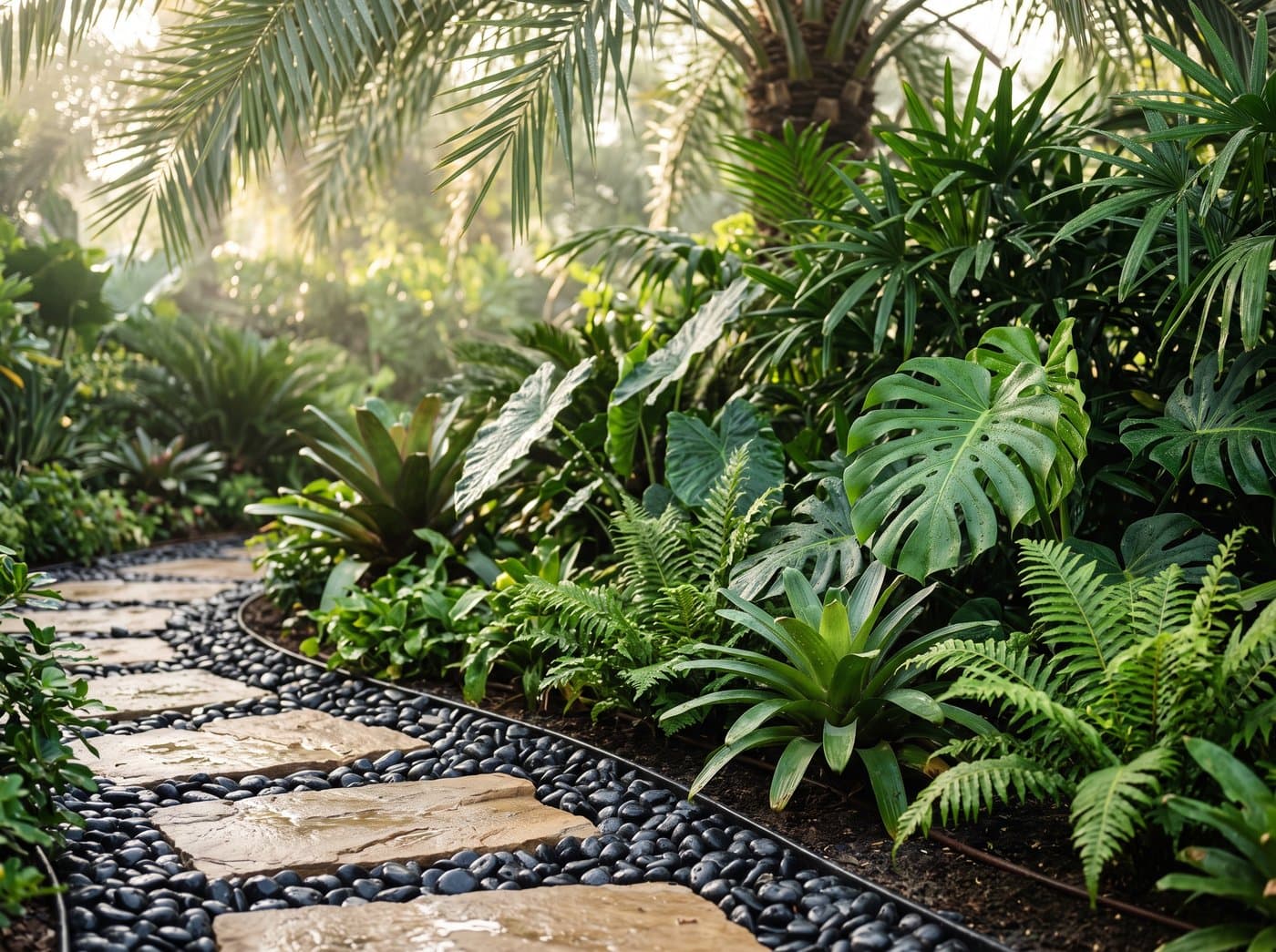 Layered planting with morning irrigation mist, a Work Green design visual