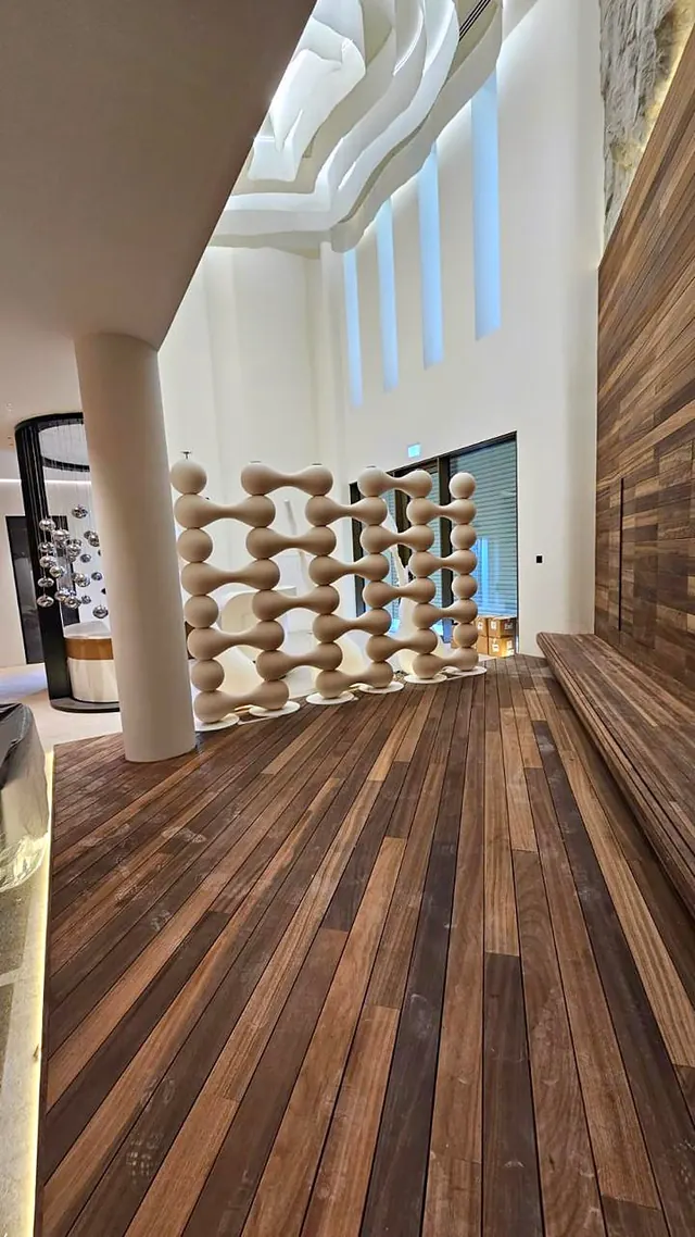 Timber flooring and luxury wellness-equipment display