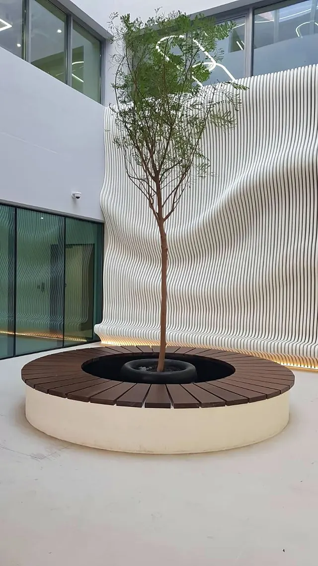 Circular water-feature basin in sheltered courtyard